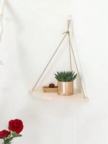 1pc Wall Wooden Decorative Sling Storage Rack Fan-Shaped Wall Storage Rack Fan-Shaped Rope Partition Living Room Wall Decoration Rope Partition Wall Hanging Flower Pot Decoration Storage Rack - Beige - View 2