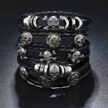 男士龐克時尚骷髏鉚釘手鍊跨境手鍊五件套多層套裝手鍊 - 黑色 - 查看 1