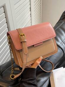 双肩带链条时尚宽肩带休闲时尚小方包复古单肩斜挎包 - 粉色 - 查看 5