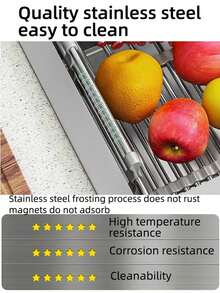 1pc Adjustable Dish Drainer Stainless Steel Sink Drain Rack Fruit Vegetable Drain Basket Kitchen Extendable Dish Drying Rack - Light Grey - View 5
