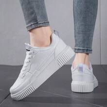 Thick Sole Casual White PU Leather Sneakers, Versatile Unisex Sport Shoes For All Seasons
