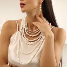 Conjunto De Collar De Cadena Larga De Suéter Multicapa Vintage Y Minimalista Con Perlas Falsas Y Aretes