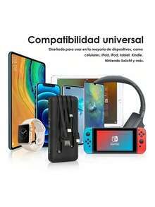 Power Bank 1hora 10000mah Carga 2.1A Batería Portátil con 4 Cables Micro USB / V8 IP Tipo C - Negro - Ver 5