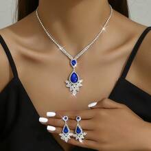 1 Pair Of Earrings + 1 Necklace Elegant Jewelry Set Silver Plated Inlaid Rhinestone Blue Or Red Make Your Call Match Daily Outfits Party Accessories - Royal Blue - View 9