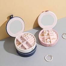 1 件圓形 Pu 皮革首飾盒,附鏡子和分隔件,抗氧化收納盒,可存放耳環、戒指、美甲,方便收納項鍊、口紅和其他配件 - 玫紅色 - 查看 4