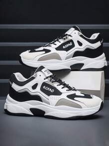 男士透氣網布厚底運動鞋,防滑厚底鞋,新款防滑大學街頭運動風鞋 - 黑與白 - 查看 4