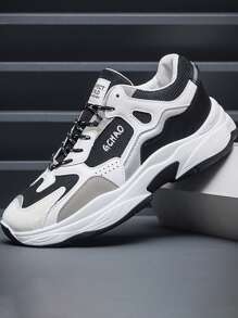 男士透氣網布厚底運動鞋,防滑厚底鞋,新款防滑大學街頭運動風鞋 - 黑與白 - 查看 1