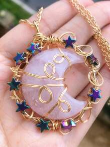 Crystal Amethyst Moon Star Life Tree Mix Material Healing Stones Chips Pendant Necklace