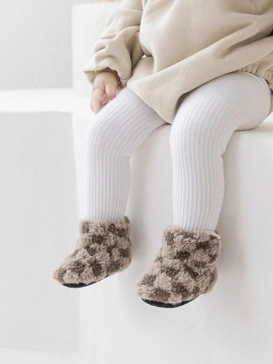 Winter Thickened Non-Slip Baby Walking Shoes For Babies And Toddlers With Cute Plaid Fleece Socks - Brown - View 1