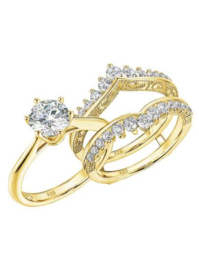 AIHUASI 2pcs/Set Yellow Gold Engagement Rings For Women Solid 925 Sterling Silver Brilliant 7*7mm 1.25 Ct Round Cut High Grade Cubic  Bridal Set Wedding Fine Jewelry Valentines Gift