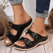 厚底女性平台綁帶拖鞋,夏季防滑人造皮軟底拖鞋 - 黑色 - 查看 5