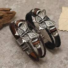 跨境个性化合金扣手链，简约复古蝴蝶多层皮革编织手链 - 彩色 - 查看 2