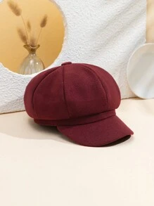1頂女性純色羊毛英倫風復古八角鴨舌帽,適合日常穿著 - 酒紅色 - 查看 1