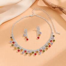 1對耳環+ 1條項鍊優雅的珠寶套裝,銀色鍍層鑲嵌閃亮的鑽石選擇您喜歡的顏色,配搭日常裝扮派對配件 - 銀色 - 查看 6