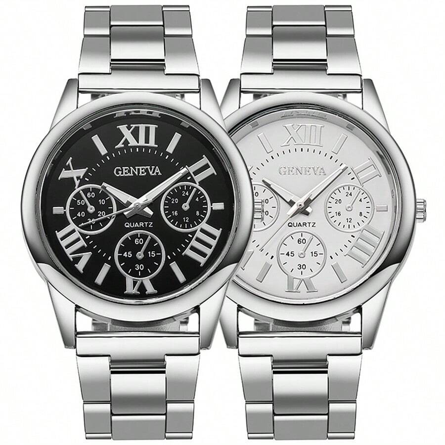 2入組不銹鋼石英手錶,男女休閒時尚金色女裝鐘錶腕錶,假日禮物生日 - 銀色 - 查看 1