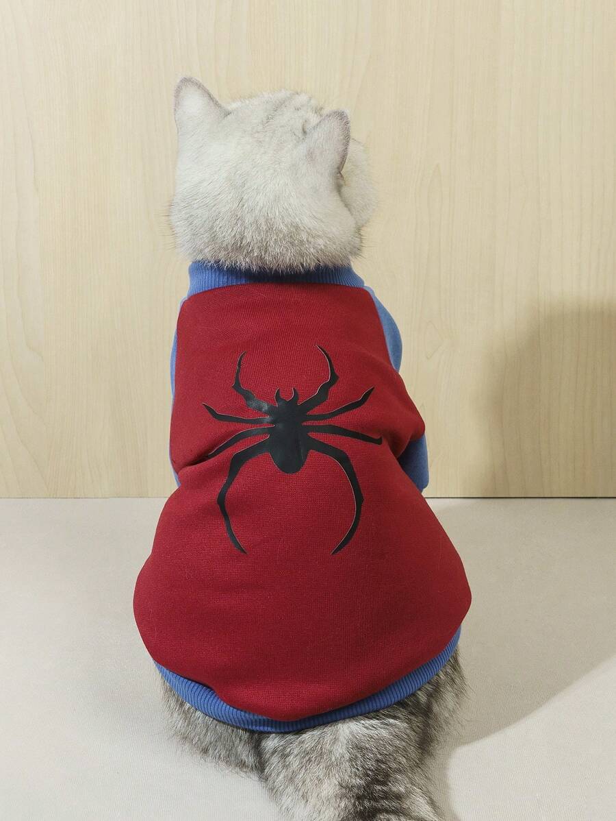 1 Piece Polyester Spider Pattern Red And Blue Color Matching Casual Pet Sweatshirt For Cats And Dogs Suitable For Indoor And Outdoor Use