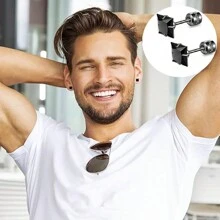 16對男女士用的耳釘,手術用不銹鋼低敏感性耳釘,帶螺紋後扣的耳釘和圈套設計,男用黑銀色耳環 - 黑與白 - 查看 5