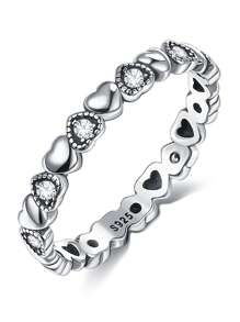 1pc S925 Sterling Silver Ring, Summer Commemorative American Gift, Silver Band Ring With Heart-Shaped Rhinestone, Women's Jewelry Accessory, Silver Jewelry, Gift For Mother, Girlfriend, Daily Elegant Gift - White - View 6