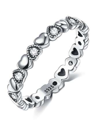 1pc S925 Sterling Silver Ring, Summer Commemorative American Gift, Silver Band Ring With Heart-Shaped Rhinestone, Women's Jewelry Accessory, Silver Jewelry, Gift For Mother, Girlfriend, Daily Elegant Gift