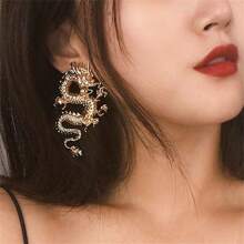 1副龍紋設計耳環,風十二生肖龍耳環 - 金黃色 - 查看 2