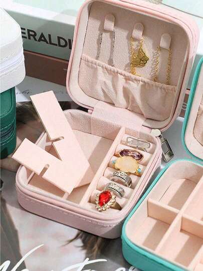 1 pieza Caja de joyería de PU multicolor, caja de almacenamiento de joyas, estuche de joyería portátil para aretes, anillos, pulseras, collares, colgantes y accesorios