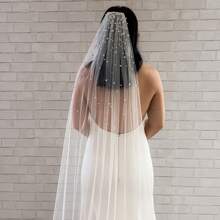 1 件新娘仿珍珠头纱复古拖尾头纱串珠婚礼摄影配饰 - 米色 - 查看 2