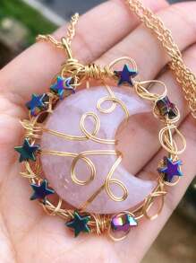 Crystal Amethyst Moon Star Life Tree Mix Material Healing Stones Chips Pendant Necklace