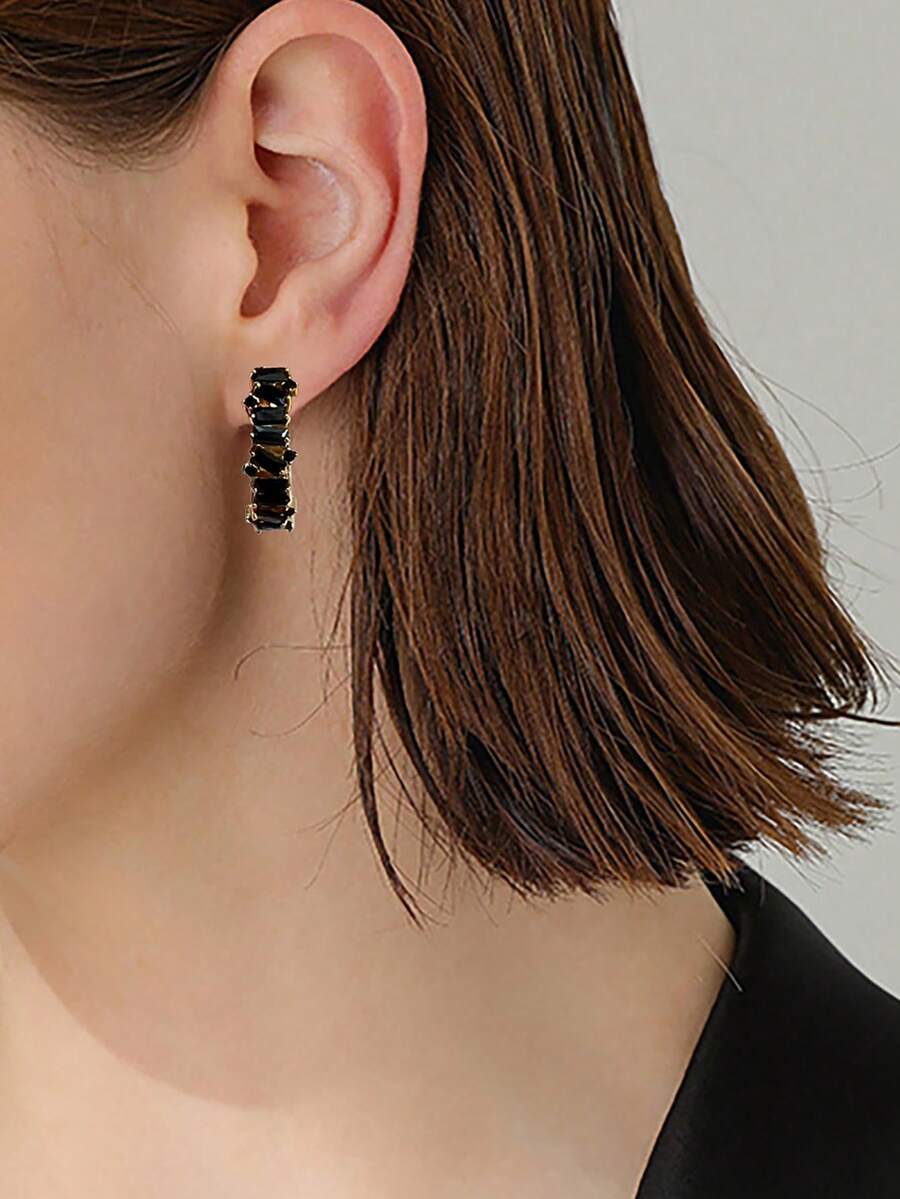 1對簡約925銀針&鑽石&鋯石裝飾圈環耳環,採用金電鍍工藝,適用於女性日常佩戴 - 黑色 - 查看 1