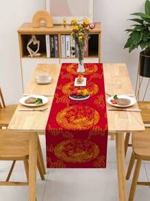 1pc Chinese Lunar New Year Dragon Table Decoration Imitation Coarse Burlap Table Runner/Tablecloth For Home, Kitchen, Festival, Wedding Party Decoration - Multicolor - View 2