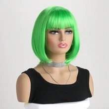 女性時尚自然短捲黃色12英寸合成纖維內彎鬆短髮假髮帶空氣劉海，適用於Cosplay，萬聖節派對，化裝舞會 - 綠色 - 查看 4