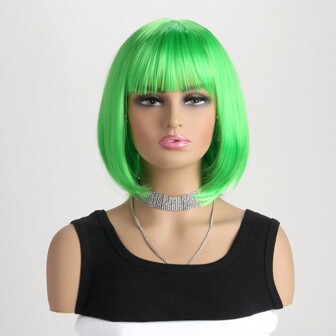 Women's Fashionable Natural Short Curly Yellow 12 Inches Synthetic Fiber Inward Bob Hair Wig With Air Bangs, Suitable For Cosplay, Halloween Party, Costume Party