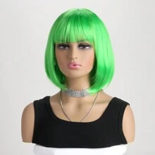 女性時尚自然短捲黃色12英寸合成纖維內彎鬆短髮假髮帶空氣劉海，適用於Cosplay，萬聖節派對，化裝舞會 - 綠色 - 查看 3