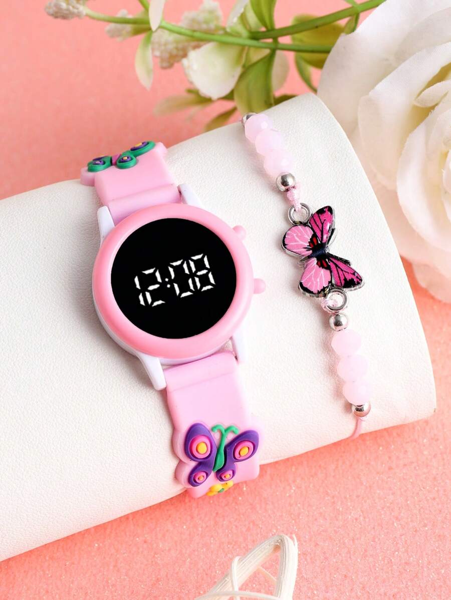 1pc Girls Butterfly Pattern Round LED Cute Watch & 1pc Pearl Butterfly Bracelet, Suitable For Daily Wear - Pink - View 1