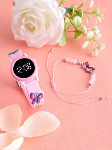 1pc Girls Butterfly Pattern Round LED Cute Watch & 1pc Pearl Butterfly Bracelet, Suitable For Daily Wear - Pink - View 3