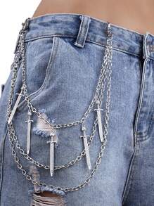 1pc Women's Silver Multi Layered Metal Chain Sword Pendant Alloy Pants Chain, Fashionable, Skirts, Suitable For Daily Wear Street Halloween Summer, School Fall, Autumn, Halloweenshorts - Silver - View 2