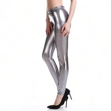Sexy Women's Shiny Metallic Stretch Leggings - Grey - View 2
