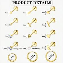 15 对小号平背耳钉，适合男女，18K 镀金防过敏手术不锈钢耳环套装，微型螺丝背软骨耳环