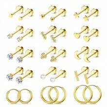 15 对小号平背耳钉，适合男女，18K 镀金防过敏手术不锈钢耳环套装，微型螺丝背软骨耳环