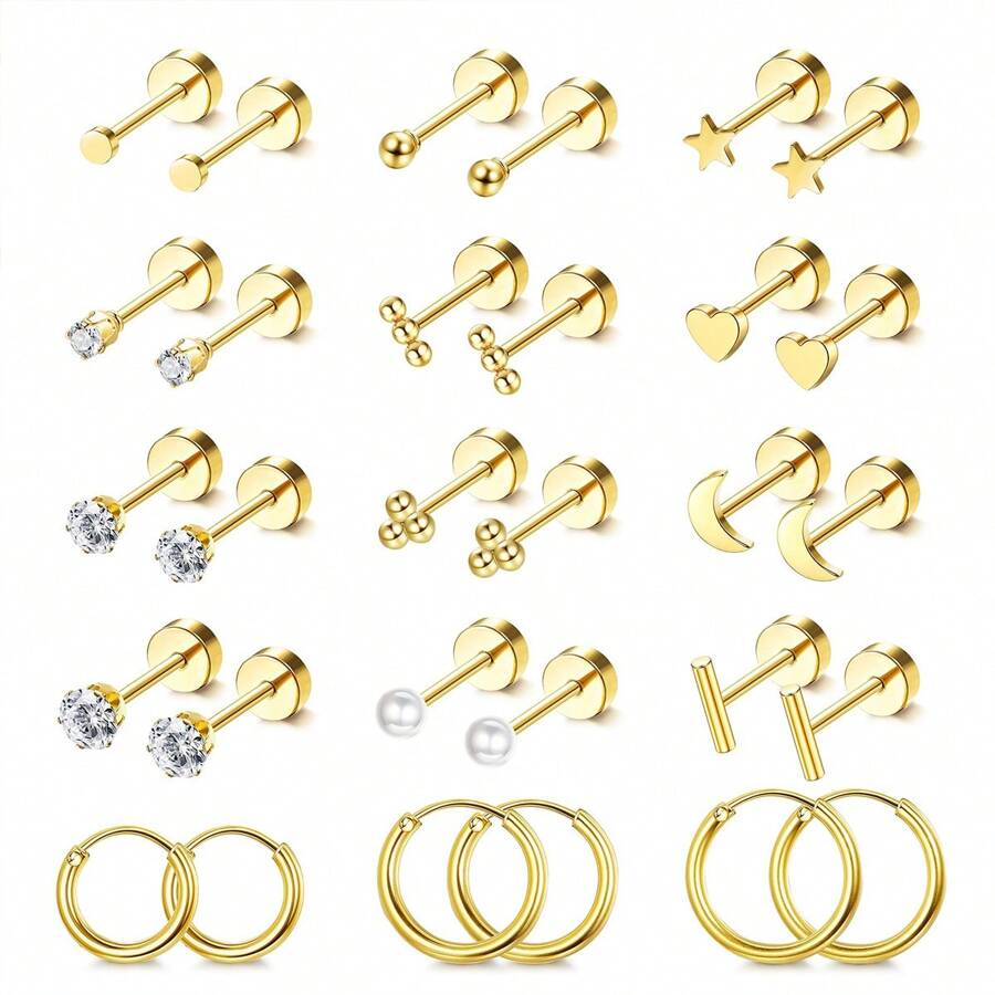 15 对小号平背耳钉，适合男女，18K 镀金防过敏手术不锈钢耳环套装，微型螺丝背软骨耳环