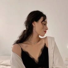 1 件時尚奢華雙層水鑽心型吊墜項鍊,女款短鎖骨首飾 - 愛心上鍊 - 查看 3