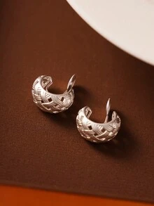 一对个性化多功能网格镂空铜电镀夹式耳环，非常适合没有耳洞的女性日常佩戴 - 銀色-耳夾 - 查看 5