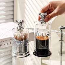 1PC.High Aesthetic Teddy Bear Toothpick Holder. Acrylic Toothpick Box Creative Toothpick Holder Household Swab And Dental Floss Storage Jar - Black Bear Toothpick Holder - View 3