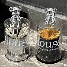1PC.High Aesthetic Teddy Bear Toothpick Holder. Acrylic Toothpick Box Creative Toothpick Holder Household Swab And Dental Floss Storage Jar - Black Bear Toothpick Holder - View 4