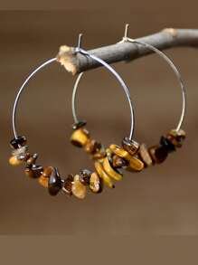 1 对手工制作的不对称天然石欧美风格个性化海滩耳环，带串珠吊坠和大圈 - 圓形 - 查看 19