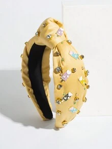 1件手工珍珠和寶石裝飾的寬髮箍,帶結構造,適用於女性 - 黃色 - 查看 3