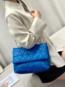 女士針織肩背提袋,帶蓋鏈條,簡約時尚多功能 - 藍色 - 查看 3