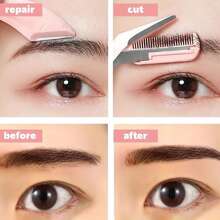 眉毛修剪套裝,不銹鋼彎眉刀與眉剪配搭梳子,適用於初學者,任何膚質男女適用的脫毛配件,臉部脫毛美妝工具,美容造型刮鬍刀化妝配件纖長帶睫毛 - 粉色 - 查看 4