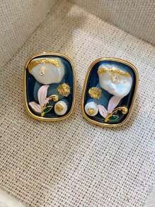 Baroque Painting Style Pearl Earrings, 925 Sterling Silver Pin, Light Luxurious And Unique Design - Flowers - View 4