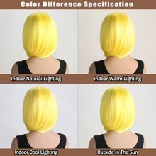 女式時尚自然短捲髮鮑伯假髮帶空氣瀏海和內捲髮,12 英寸,適合角色扮演、萬聖節、舞會和化裝舞會 - 黃色 - 查看 6