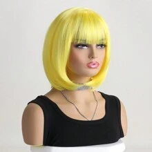 女式時尚自然短捲髮鮑伯假髮帶空氣瀏海和內捲髮,12 英寸,適合角色扮演、萬聖節、舞會和化裝舞會 - 黃色 - 查看 4